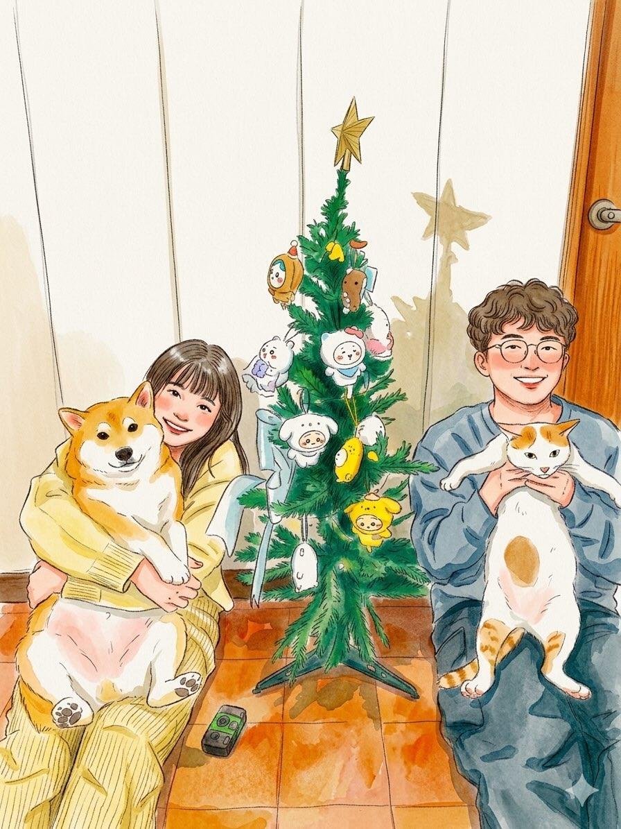 可爱温馨的日常生活插画,采用柔和的水彩加彩色铅笔的绘本风格。画面左侧坐着一位微笑的女孩,她留着长长的深色头发,穿着宽松的柔和淡黄色睡衣,正抱着…, 图片 1