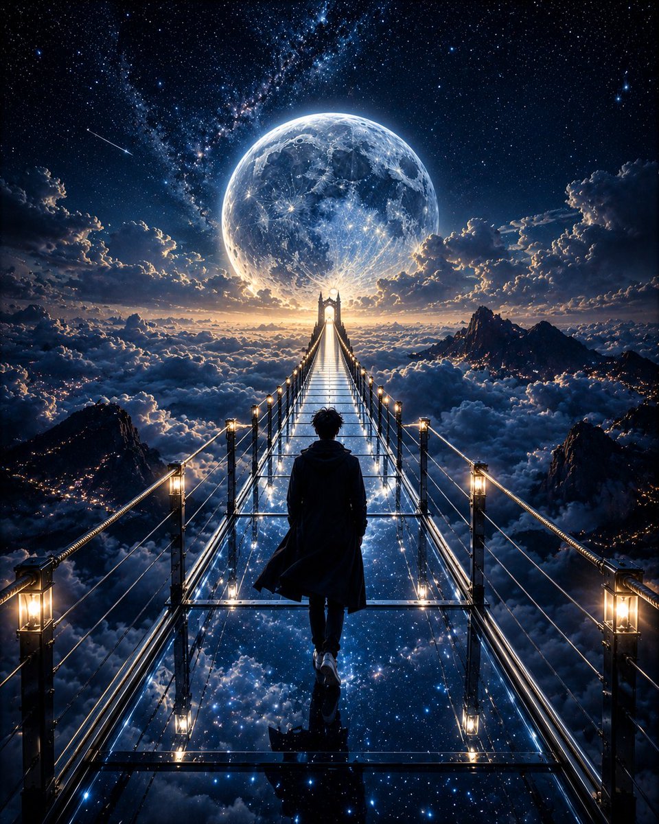 一位孤独的旅人身穿黑色长袍，步履匆匆地走过一座不可思议地漫长的发光玻璃桥，桥悬于云端之上。巨大的月亮占据了整个地平线，星星在玻璃桥透明之下倒映…, 图片 1