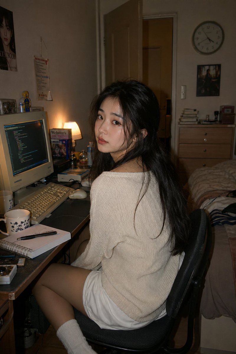 一张照片写实风格的生活肖像照:一位年轻东亚女性随意地坐在一间温馨公寓卧室里的复古电脑工作站旁。她身体略偏离桌子,微微回头望向镜头,表情若有所思…, 图片 1