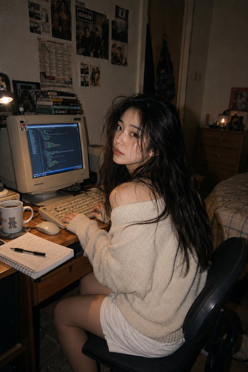 一张照片写实风格的生活肖像照:一位年轻东亚女性随意地坐在一间温馨公寓卧室里的复古电脑工作站旁。她身体略偏离桌子,微微回头望向镜头,表情若有所思…, 图片 2