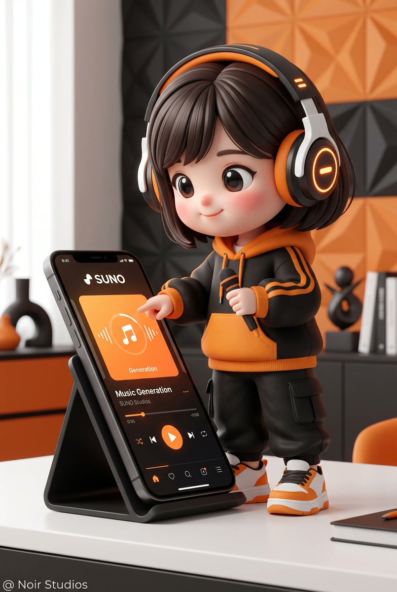 创建一个非常可爱的3D渲染的Q版（chibi）角色形象，他/她拥有可爱的特征，戴着超大耳机，穿着黑色和橙色的街头风格服装，脚踩白色运动鞋，并且…, 图片 1