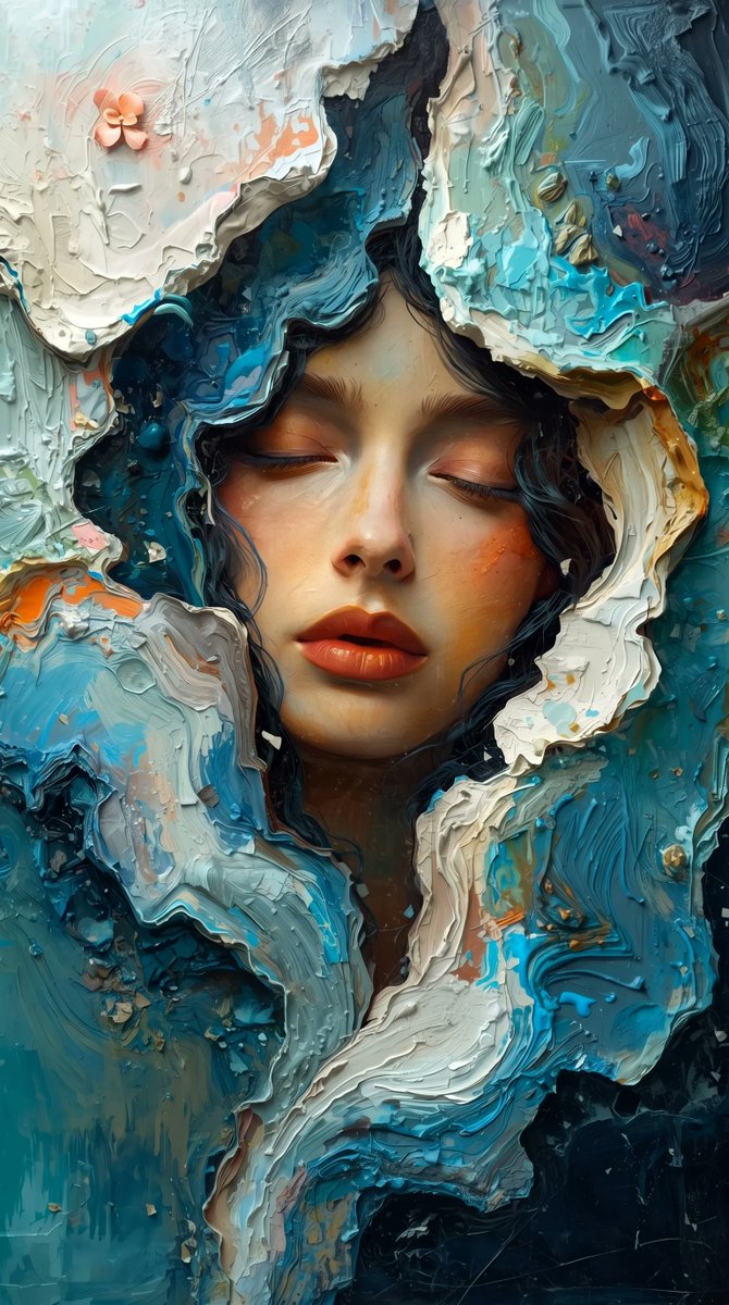 一幅宁静的女性肖像,神情平静、空灵,从一片混乱的立体厚涂(impasto)风景中无缝浮现。她的肌肤呈现出逼真的瓷质般质感…… 由 @lovim…, 图片 1