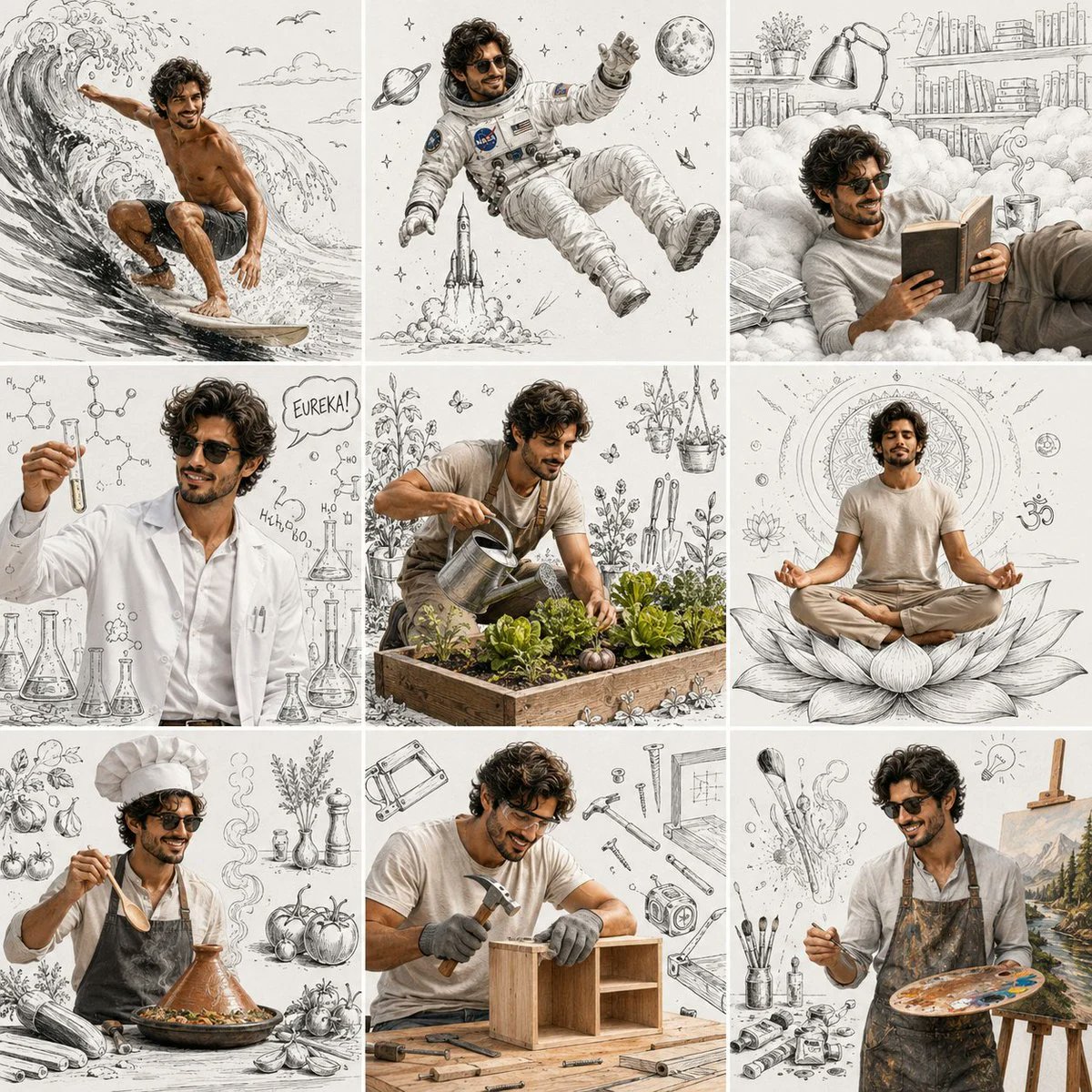 创作一张超写实的3×3编辑级生活方式拼贴画，以同一成熟男性（已上传照片）为主角，将其置于九个不同的想象职业、爱好与梦想场景中。 …, 图片 1