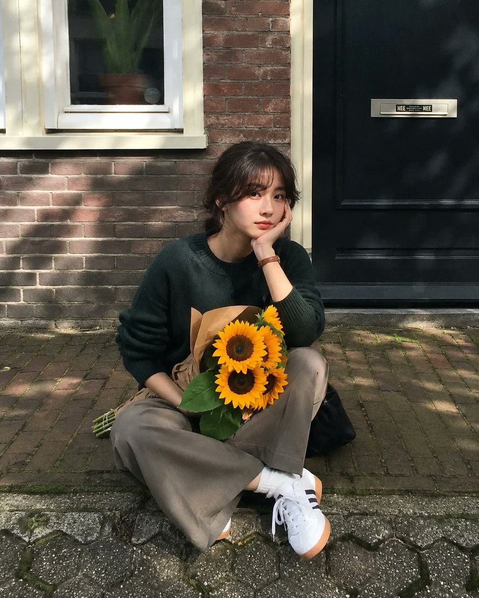 超现实生活方式人像：一位美丽的年轻东亚女性随意地坐在一条安静的欧洲住宅人行道上,身后是一栋迷人的红砖联排别墅。她有着柔和白皙……, 图片 1