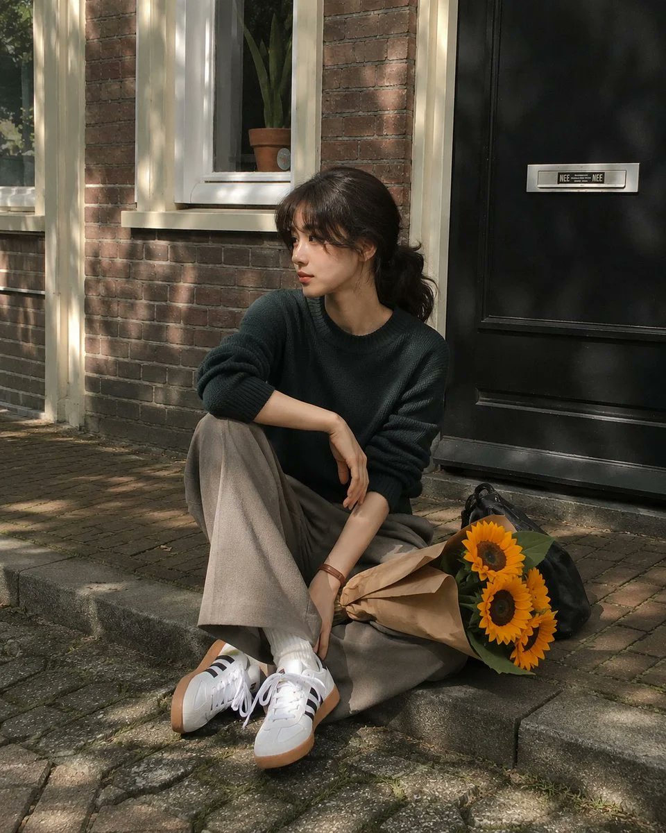 超现实生活方式人像：一位美丽的年轻东亚女性随意地坐在一条安静的欧洲住宅人行道上,身后是一栋迷人的红砖联排别墅。她有着柔和白皙……, 图片 2