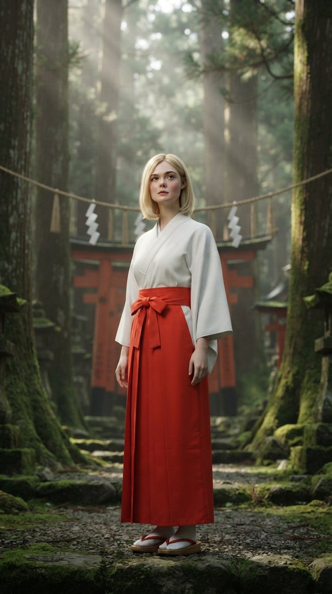 极致写实的全身人像肖像:一位美丽的日本神社巫女(Miko),平静地伫立在一座古老的神社之中,四周环绕着高耸的雪松树和红色的鸟居。她身穿洁白无瑕…, 图片 1