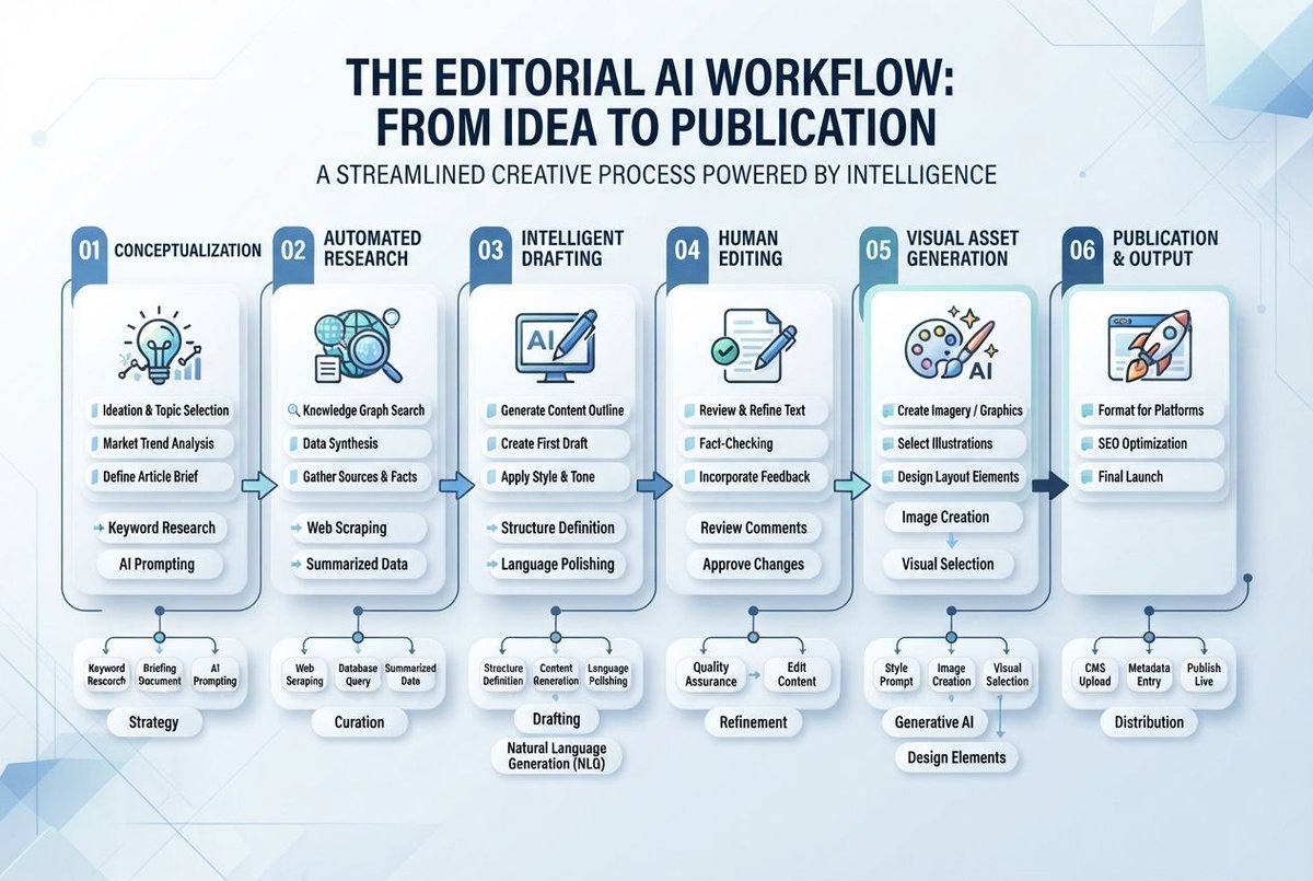 ‘AI workflow cheat sheet, neat icons, numbered steps, blue-white palette, web a…