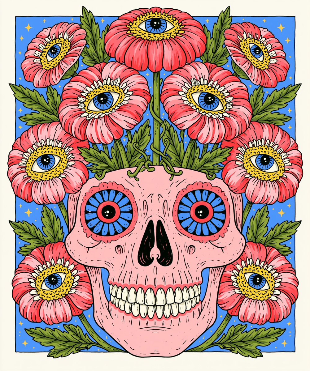 手绘风格的可爱骷髅头插画,纤细的藤蔓从头骨顶部生长出来,盛开成一朵朵带有生动表情眼睛的奇趣花朵,纯净白色背景,简洁居中构图,柔和的粉彩色调,纤…, 图片 1
