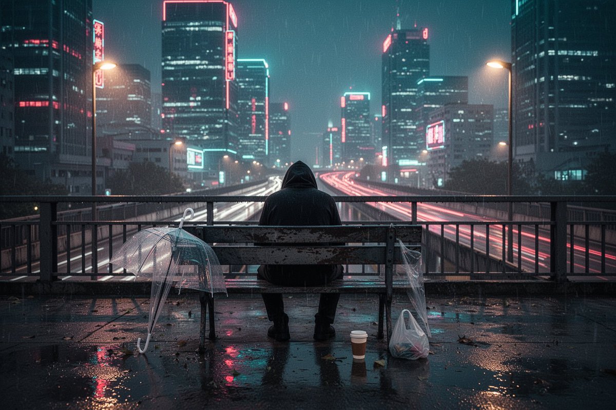 让孤独感真正出彩的是构图 —— 脸转向一侧,城市被抛到焦外,所以那些细节全都活在湿漉漉的地面倒影里。我用家里的 5090 跑同样的节奏,大概每…, 图片 1