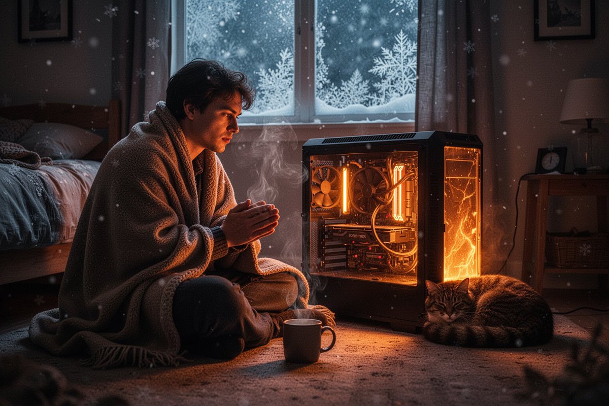 夜晚一间舒适的冬日卧室,一个人裹着毯子坐在地板上,在一台发光的台式电脑主机前烤手,仿佛它是一座壁炉;显卡排风口散发着如炉膛余烬般温暖的橙色光芒…, 图片 1