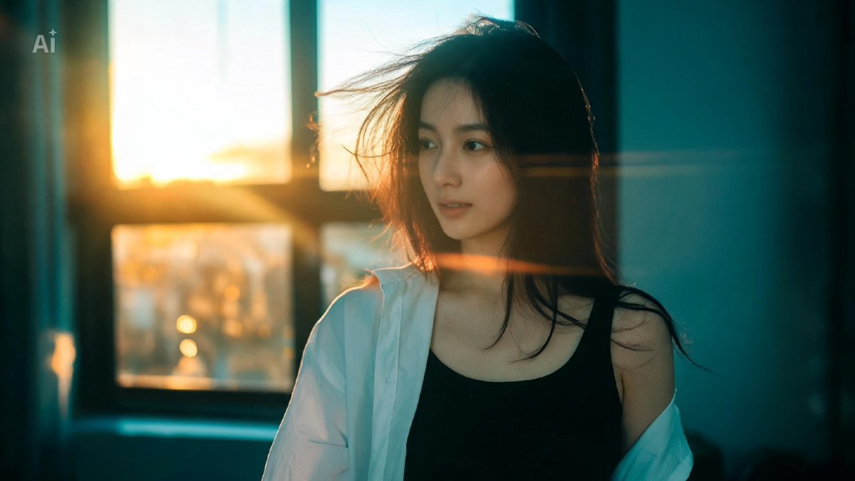 一位美丽的年轻日本女性,自然而不费力的美感,肌肤柔软发光,身着紧身黑色背心,外搭一件宽松的冷白色衬衫(敞开穿着),随性时髦的造型。电影级影院画…, 图片 1