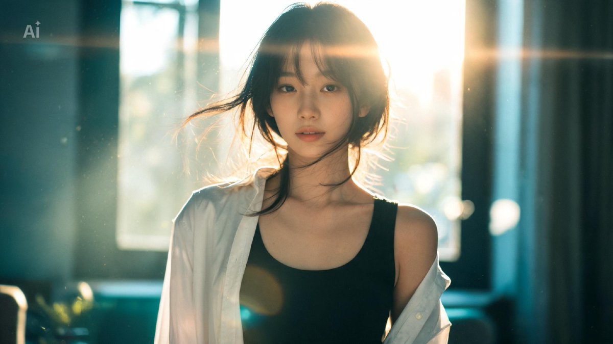 一位美丽的年轻日本女性,自然而不费力的美感,肌肤柔软发光,身着紧身黑色背心,外搭一件宽松的冷白色衬衫(敞开穿着),随性时髦的造型。电影级影院画…, 图片 2