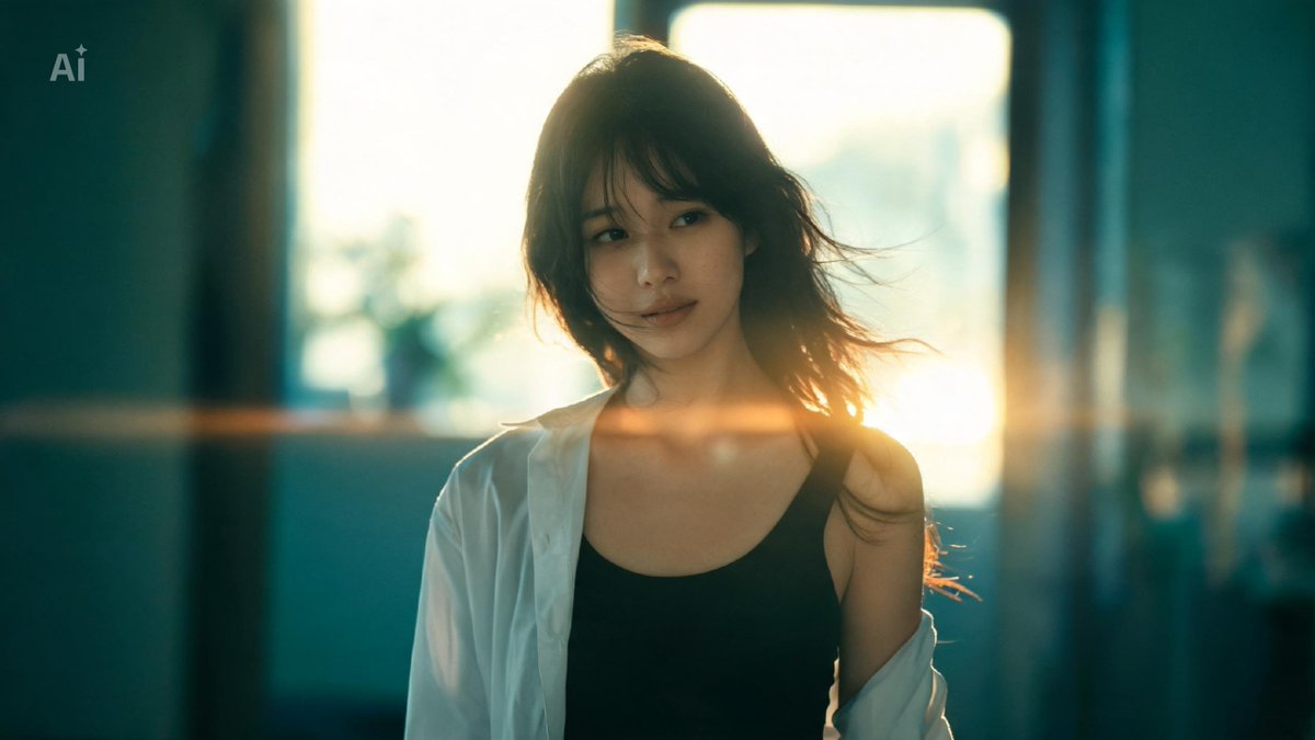 一位美丽的年轻日本女性,自然而不费力的美感,肌肤柔软发光,身着紧身黑色背心,外搭一件宽松的冷白色衬衫(敞开穿着),随性时髦的造型。电影级影院画…, 图片 3