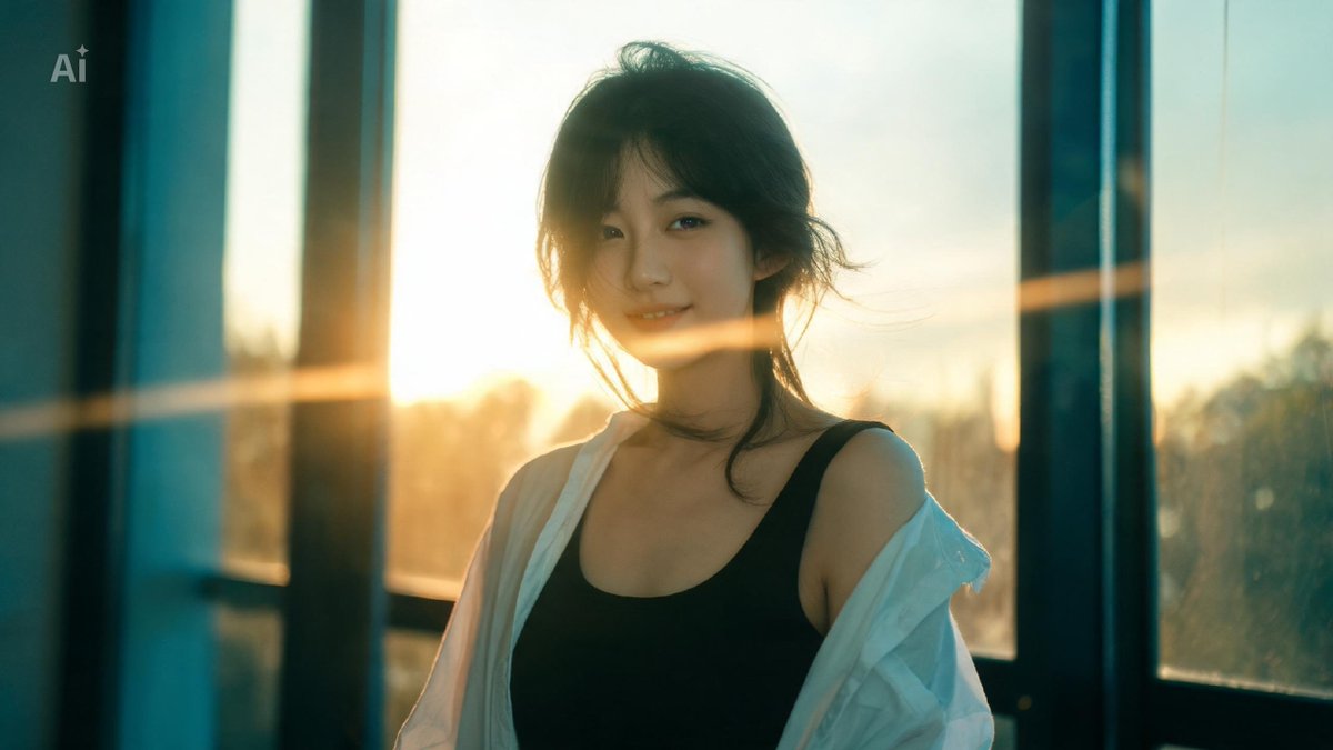一位美丽的年轻日本女性,自然而不费力的美感,肌肤柔软发光,身着紧身黑色背心,外搭一件宽松的冷白色衬衫(敞开穿着),随性时髦的造型。电影级影院画…, 图片 4