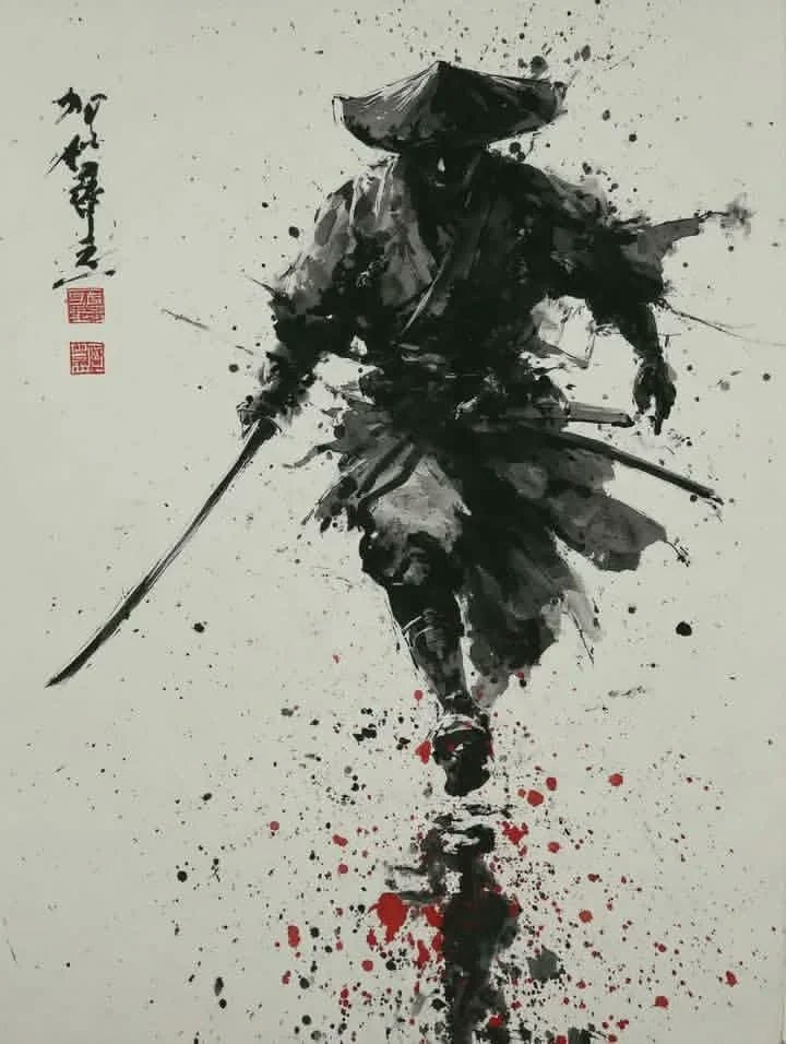 一位独行的武士 / 浪人武者,以传统日本水墨画 (sumi-e) 风格描绘,全身动态姿势,面部大半隐于阴影之中,身着飘逸的长袍,头戴草帽 / …, 图片 1