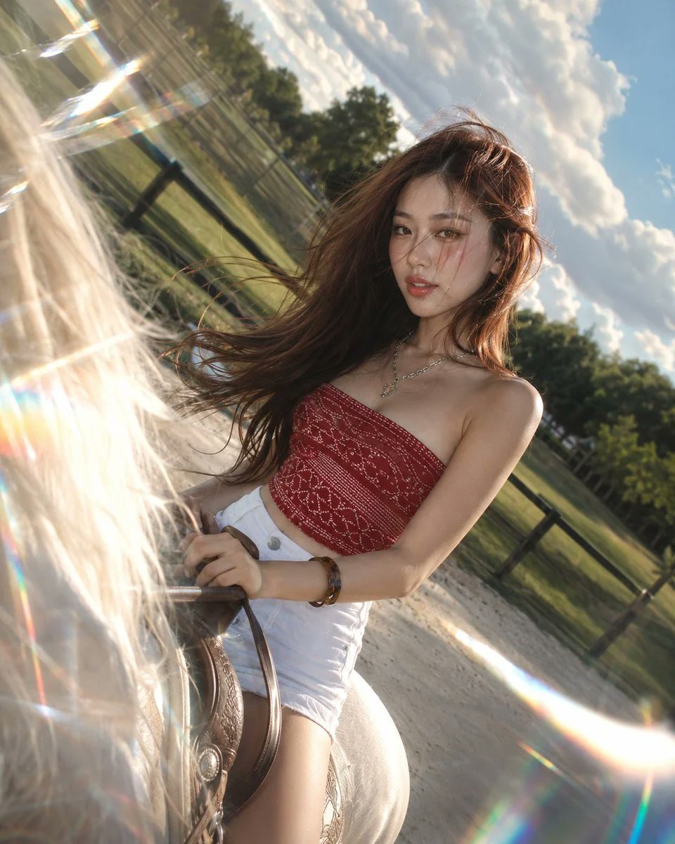 一幅超写实的高端生活方式人像：一位美丽的年轻女子，留着齐肩的波浪状铜红色卷发，肌肤白皙且带有雀斑，在黄金时段宁静的乡村中骑着一匹雄伟的黑马。她…, 图片 1