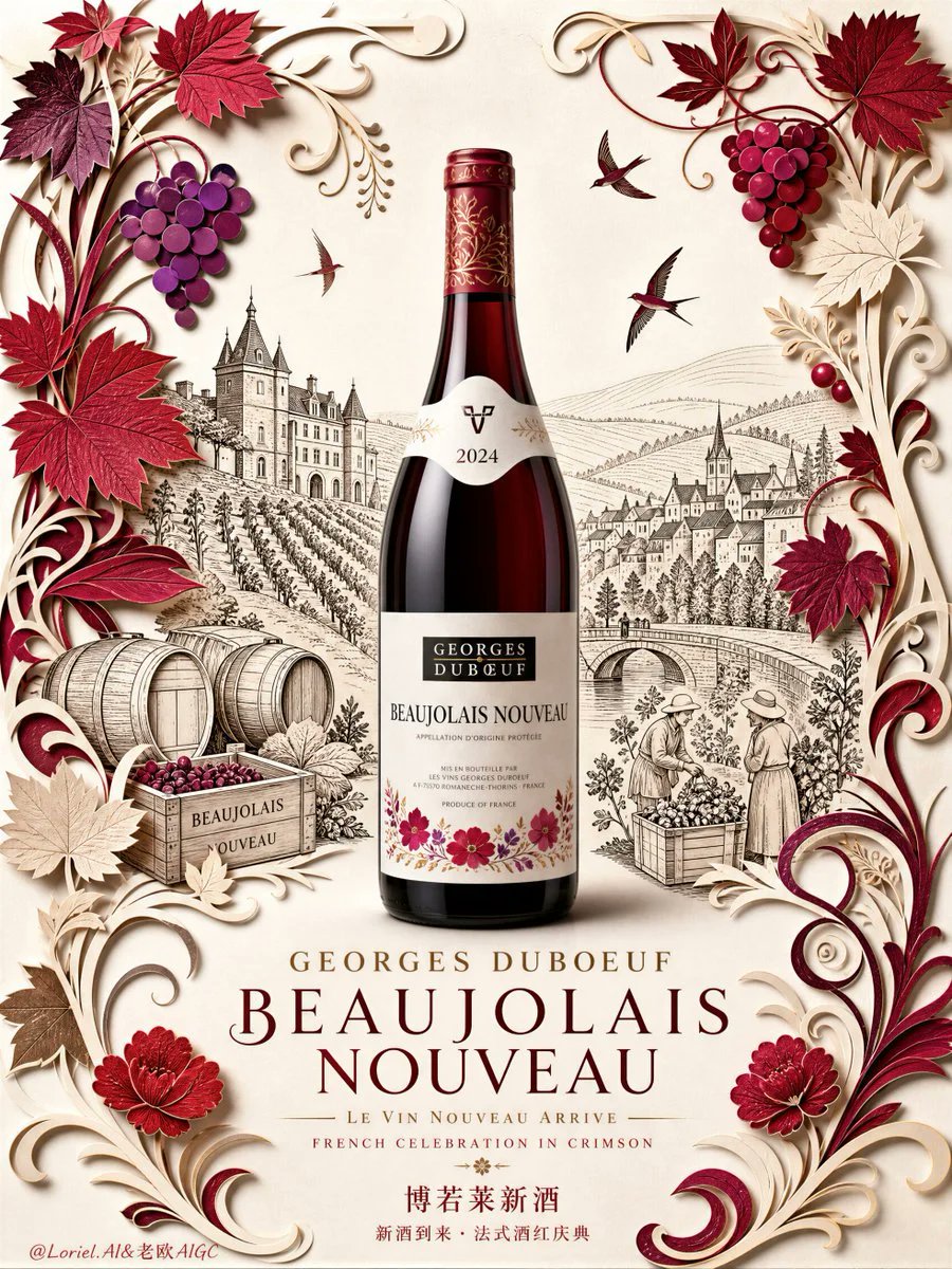 为 Georges Duboeuf Beaujolais Nouveau(乔治·杜博夫博若莱新酒)创作一张超高端广告海报,采用精致的剪纸拼贴风…, 图片 1