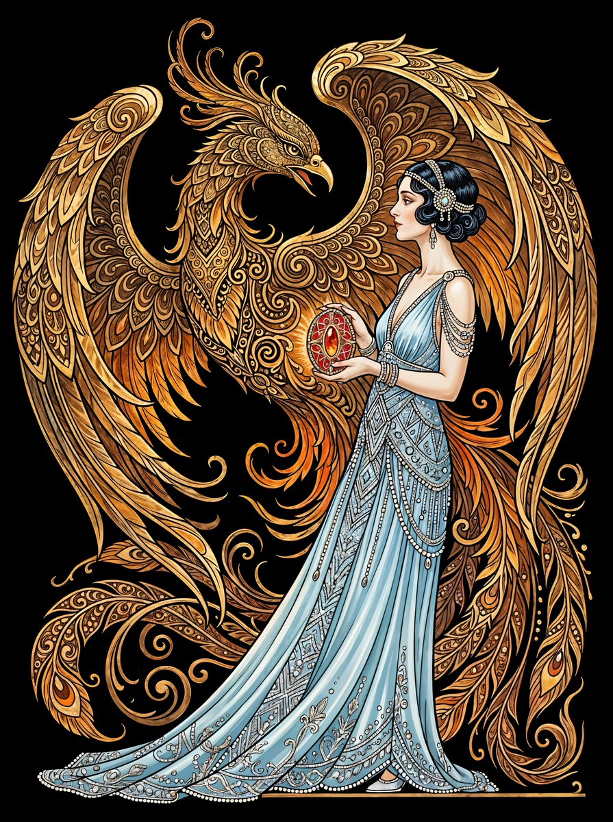 一位身穿飘逸的浅蓝色串珠装饰艺术风格 (Art Deco) 长裙的女子站在黑色背景前。她双手捧着一个红色的椭圆形物体。在她身后，描绘着一只大型…, 图片 1
