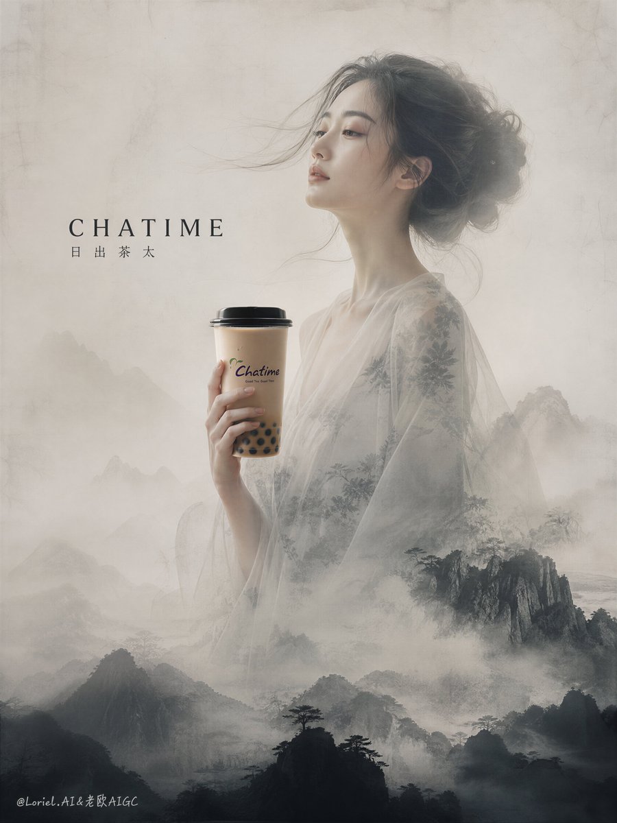 前景手部与主体分离，分离的手握着杯子，身体与手断开，漂浮的杯子，破碎的女性，仅面部肖像，解剖结构断裂，下方山脉明亮，背景杂乱，卡通水墨画，粘贴…, 图片 1