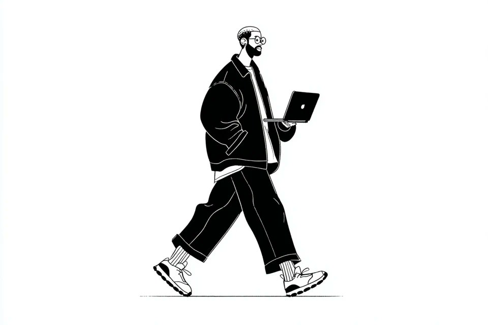一幅简单的黑白插画，画面中是一个[主体]，穿着[服装]，正在[做动作]，表情为[面部表情]，整体采用 Notion 风格的极简编辑美学，干净的…, 图片 3