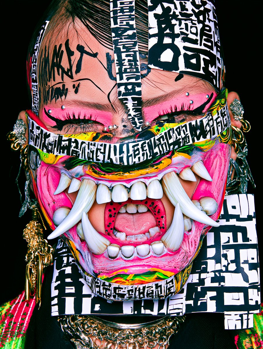 错综复杂的漫画 [宏观时尚恐怖肖像]，[从下方仰视的高张力角度]，RitualSnarl：愤怒刻于墨迹与獠牙之中。OniEcho：书法吞噬皮肉…, 图片 1
