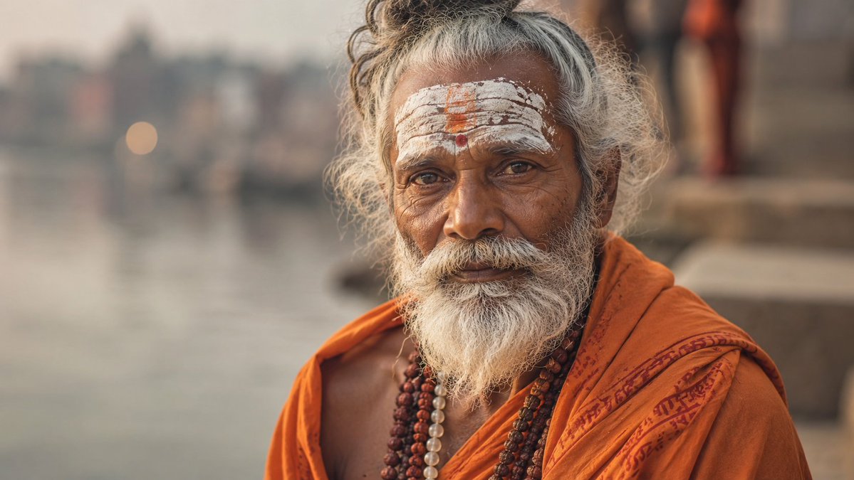 一位年迈的印度苦行僧(Sadhu)男士肖像。真实人类的细致自然外观皮肤与质感,清晰的毛孔、雀斑、细纹、轻微瑕疵、淡淡的痤疮和痘印、疤痕、毛孔级…, 图片 1