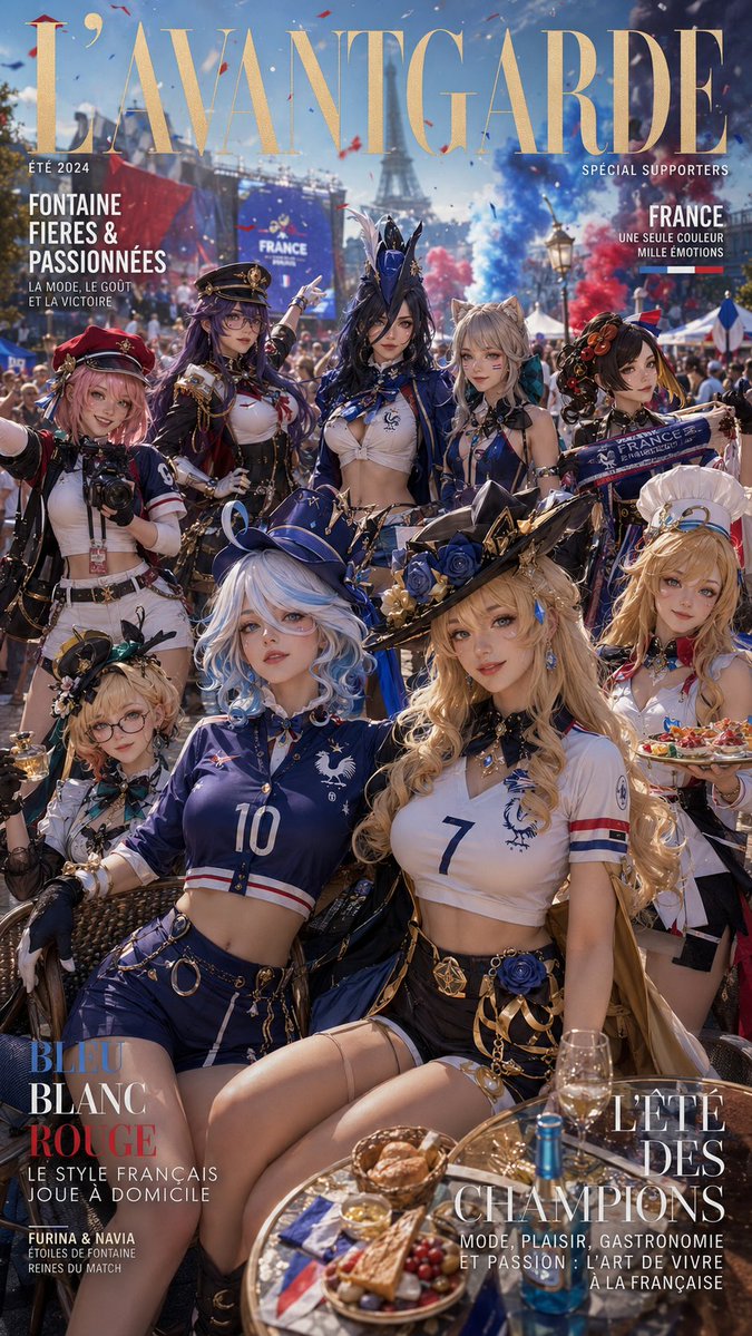 9:16 竖版格式,超精细超写实风格的法国夏日球迷杂志封面,画面中是《原神》枫丹廷的成年女性们,在一个充满活力的比赛日球迷区里一起为法国队加油…, 图片 1