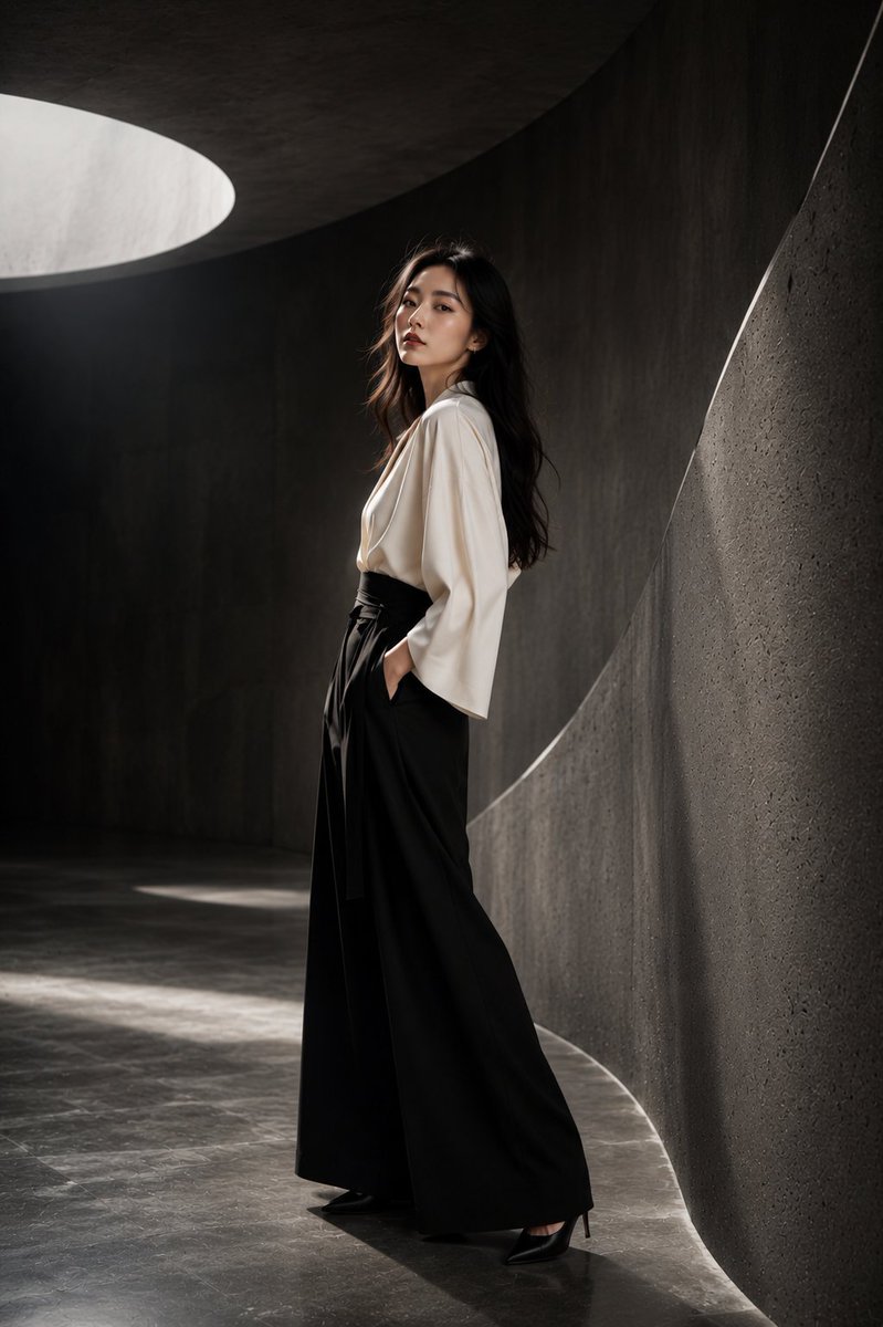 一位令人惊艳的年轻日本女性，置身于高端时尚摄影棚的拍摄中，优雅地站立在一座由大型弧形混凝土墙体、带有纹理的炭灰色表面以及柔和的几何阴影所构成的…, 图片 3