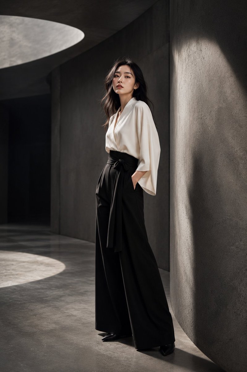 一位令人惊艳的年轻日本女性，置身于高端时尚摄影棚的拍摄中，优雅地站立在一座由大型弧形混凝土墙体、带有纹理的炭灰色表面以及柔和的几何阴影所构成的…, 图片 4