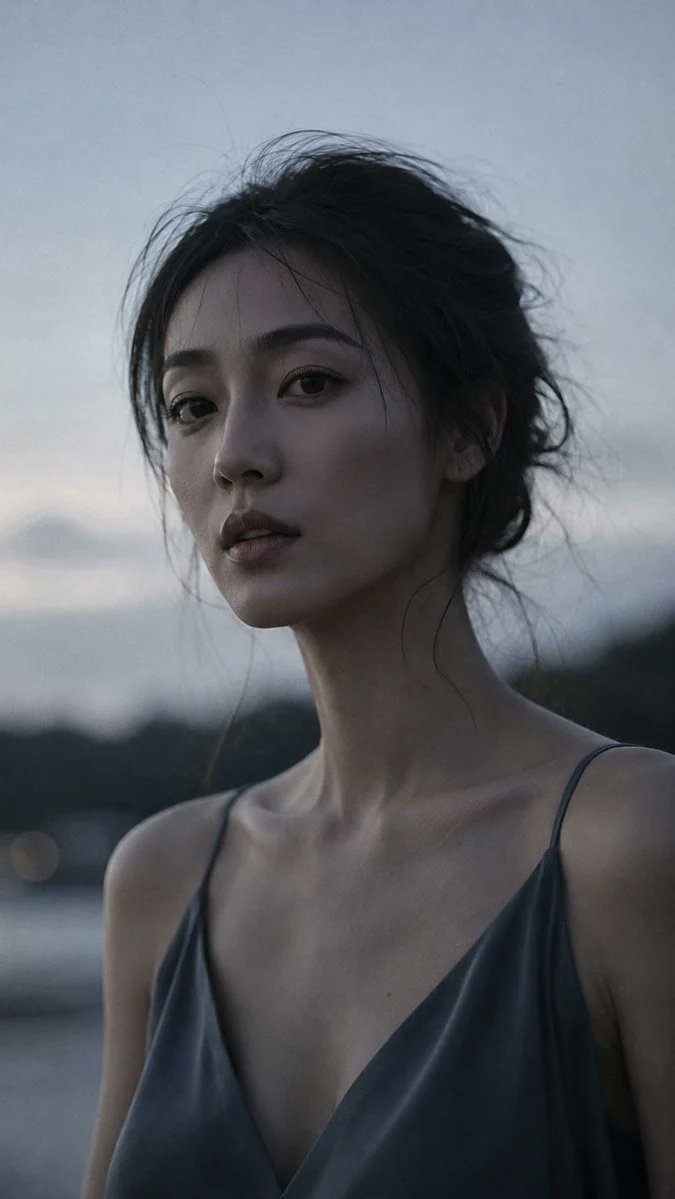 人像拍摄,85mm f/1.2 镜头特写,一位二十八九岁的日本女性,脖颈修长优雅,深色头发松散地向后梳去,面部轮廓分明,深陷的冷静双眼,目光投…, 图片 1
