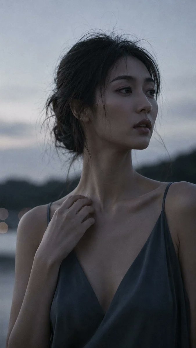 人像拍摄,85mm f/1.2 镜头特写,一位二十八九岁的日本女性,脖颈修长优雅,深色头发松散地向后梳去,面部轮廓分明,深陷的冷静双眼,目光投…, 图片 2