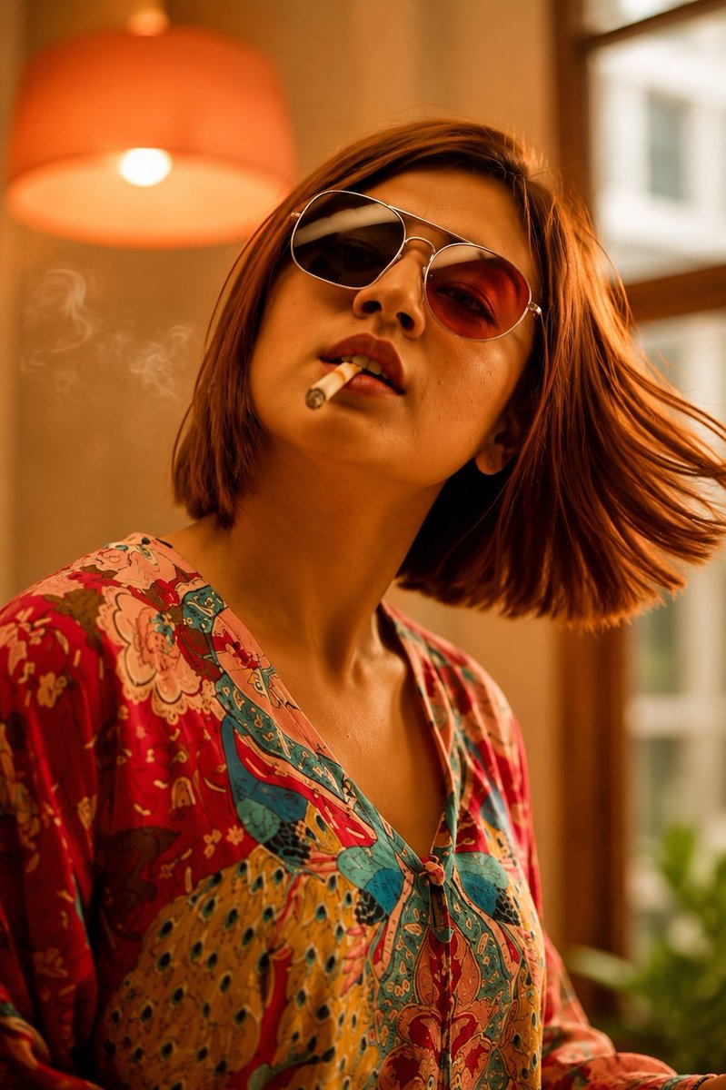 创意时尚大片构思，年轻女性身穿配套的风景印花衬衫与短裤套装，站在一处真实的鹅卵石村庄广场前，真实环境与她服装上的印花相互呼应，背景中真实的黄色…, 图片 1