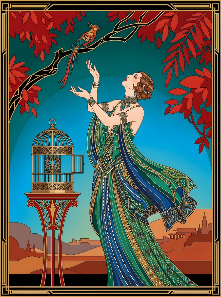 一幅装饰艺术风格（Art Deco）的插画描绘了一位身着飘逸华美长裙的女子，向上伸手去够一只栖息在树枝上的小鸟。女子头部后仰，双臂伸展，身上佩…, 图片 1