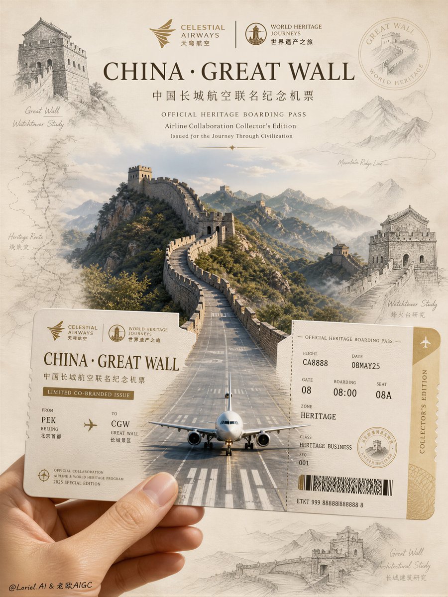廉价旅游宣传册,趣味剪贴簿风格,卡通纪念碑,假长城,凌乱的水彩泼溅,玩具飞机,通用山岳地标,过度饱和的旅游色彩,堆砌的拼贴,薄弱的票据写实感,…, 图片 1
