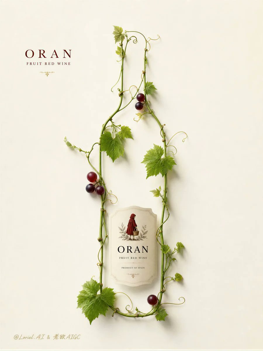 为 Oran 西班牙果香红葡萄酒创作一款极致极简的高端海报,灵感源自精致植物学的酒瓶轮廓构图。使用大面积纯净的白色或柔和的象牙白背景,留出充足…, 图片 1