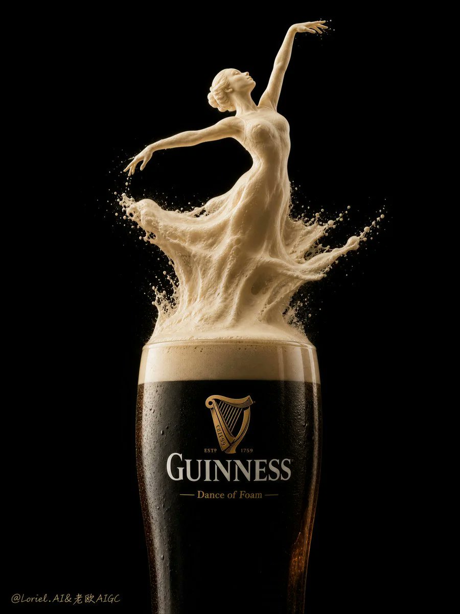 为健力士(Guinness)创作一张超高端广告海报,画面中有一杯超写实的深色世涛啤酒品脱杯,顶部奶油般的泡沫头优雅地化身为一个芭蕾舞女孩的造型…, 图片 1