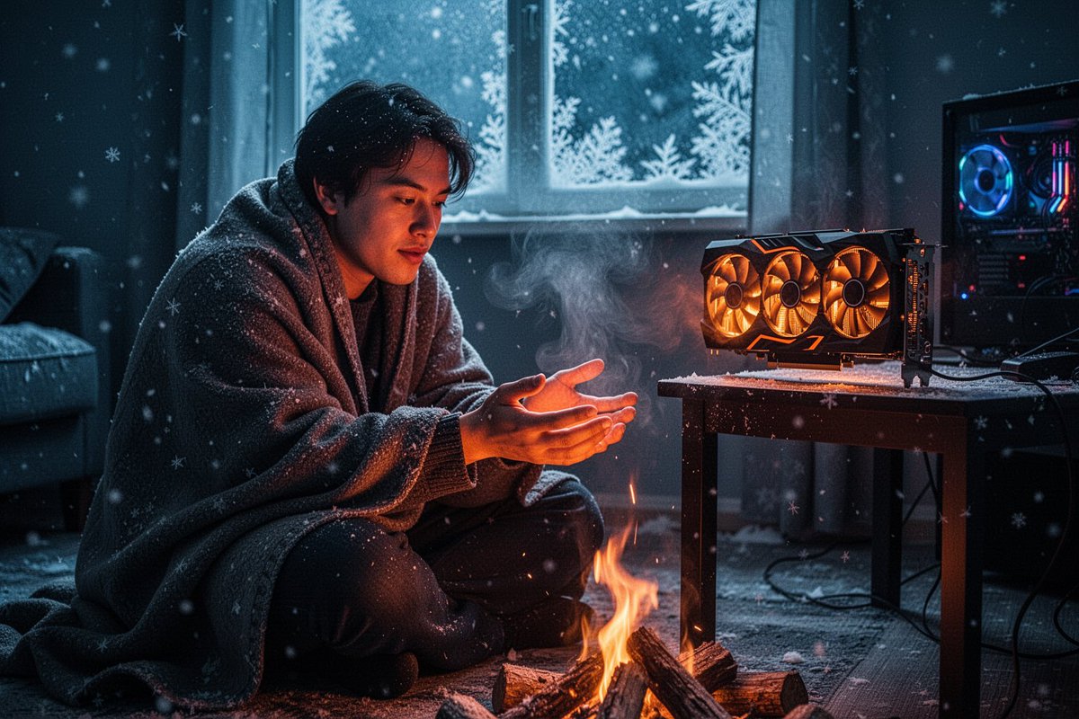 夜晚,在一间寒冷漆黑的公寓里,一个人坐在地板上裹着毯子,将伸出的双手伸向桌上的一张发光的消费级显卡借取温暖,如同围坐在篝火旁一般——这块三风扇…, 图片 1