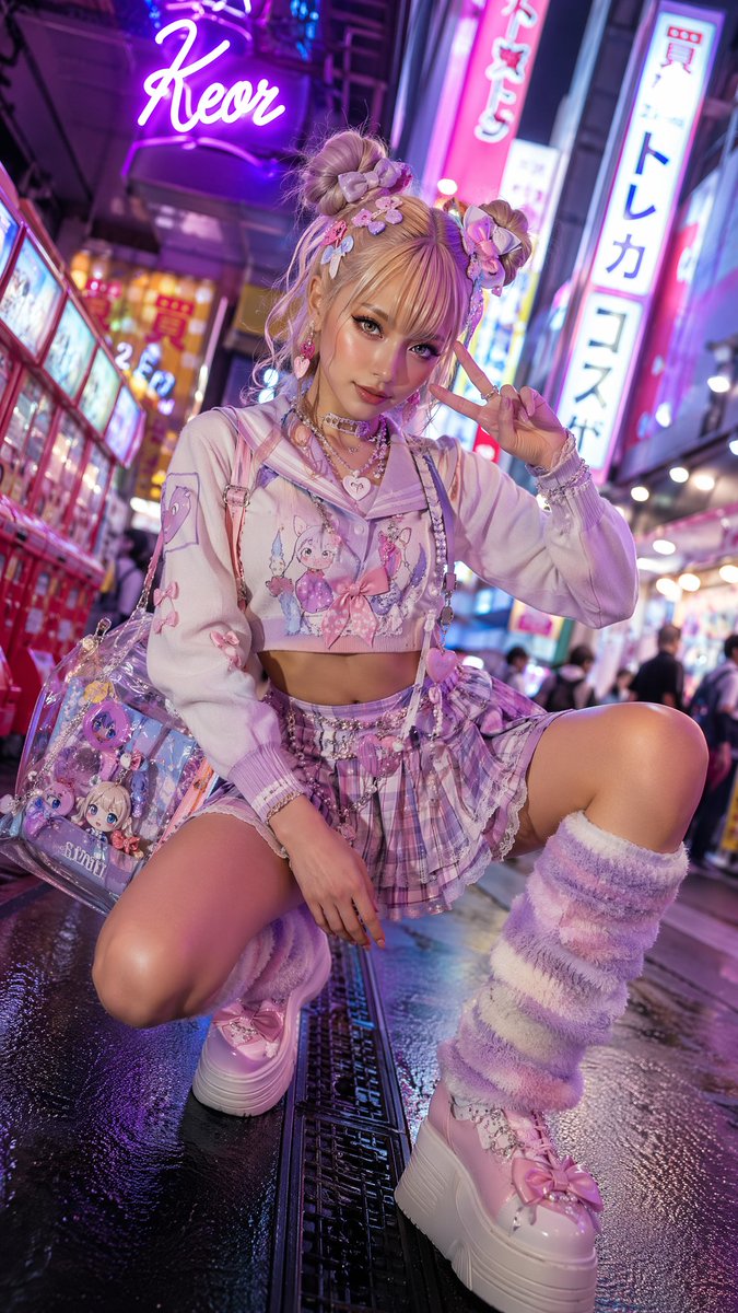 超写实时尚大片:在东京秋叶原地区拍摄的自信成年女性特写肖像,身着淡紫色、粉色和白色的高端原宿Decora和Fairy Kei时尚服饰。金色双丸…, 图片 3