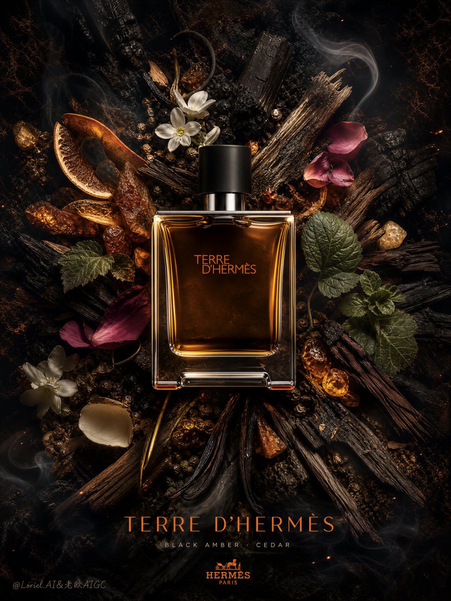 模糊的瓶身标签，仿冒爱马仕（Hermès）瓶子，倾斜的相机角度，侧面视角，凌乱的成分堆叠，食品摄影风格，廉价的植物拼贴，扁平背景，过度饱和的柑…, 图片 1