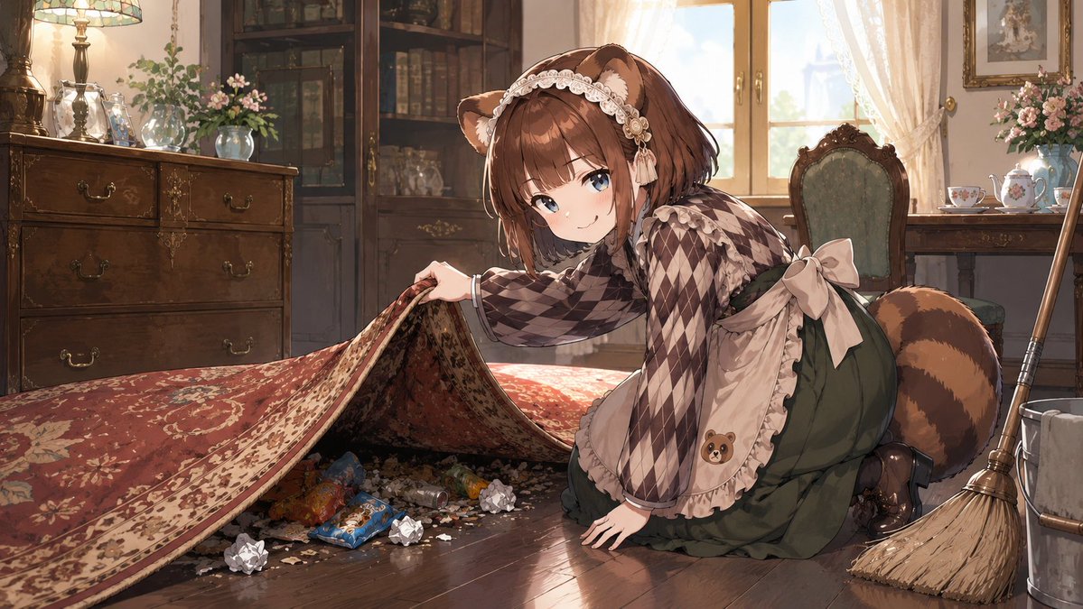 豪華なドレスを着たたぬきちゃんが、虫眼鏡を持って困惑しながらPC画面を覗き込んでいるアニメ調のイラスト（16:9）, 图片 1