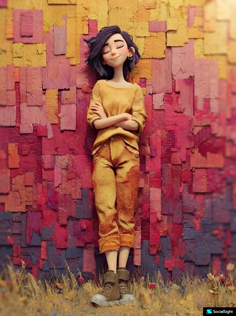 1.. 一位风格化的 3D 动画年轻女性，倚靠在一面由分层开裂漆面面板构成的纹理抽象墙前，墙面色调为温暖的渐变色——黄色、珊瑚色、粉色、红色与…, 图片 2