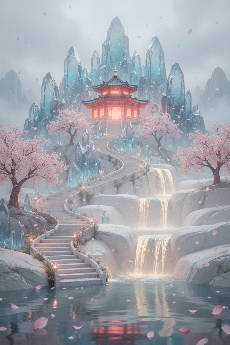梦幻柔和粉彩的奇幻风景，竖构图。一座散发着光芒的东亚宝塔式庙宇，窗户透出温暖的珊瑚色灯光，半腰坐落于一片高耸的冰蓝色水晶山峰之间。柔和的粉色盛…, 图片 1