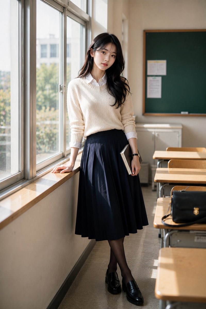 在一组高级时尚时尚大片拍摄中,一位惊艳的年轻韩国女性自信地站在明亮空旷的现代化教室内。教室里摆放着整齐排列的木质课桌椅,一块大型绿色黑板,高大…, 图片 3