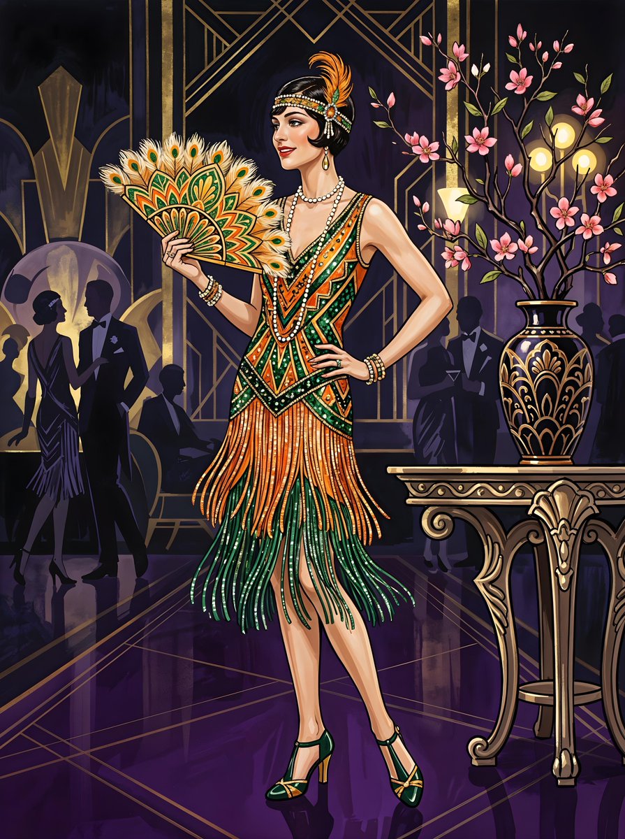一幅全身插画,描绘了一位穿着鲜艳橙色和绿色 flapper 连衣裙的女士,手持一把装饰扇。她站在一张桌子旁,桌子上有一个花瓶和一根开花的枝条。…, 图片 1