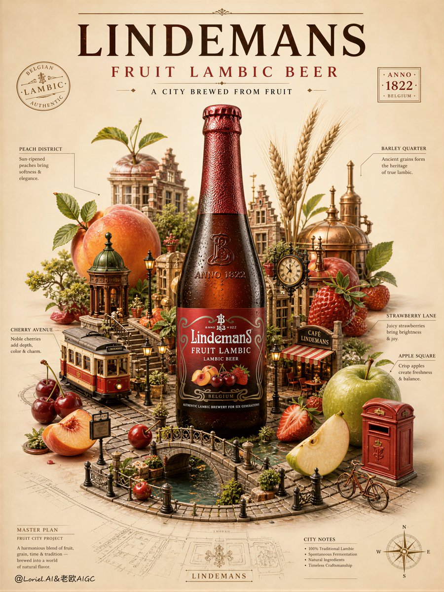 卡通啤酒广告,瓶子形状造假,林德曼(Lindemans)品牌标识错误,水果飞溅凌乱,配料随意点缀,构图杂乱拥挤,水果细节不足,食材看起来像塑料…, 图片 1