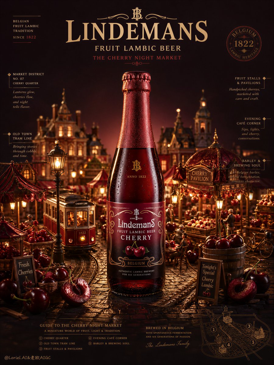 卡通啤酒广告,瓶子形状造假,林德曼(Lindemans)品牌标识错误,水果飞溅凌乱,配料随意点缀,构图杂乱拥挤,水果细节不足,食材看起来像塑料…, 图片 2