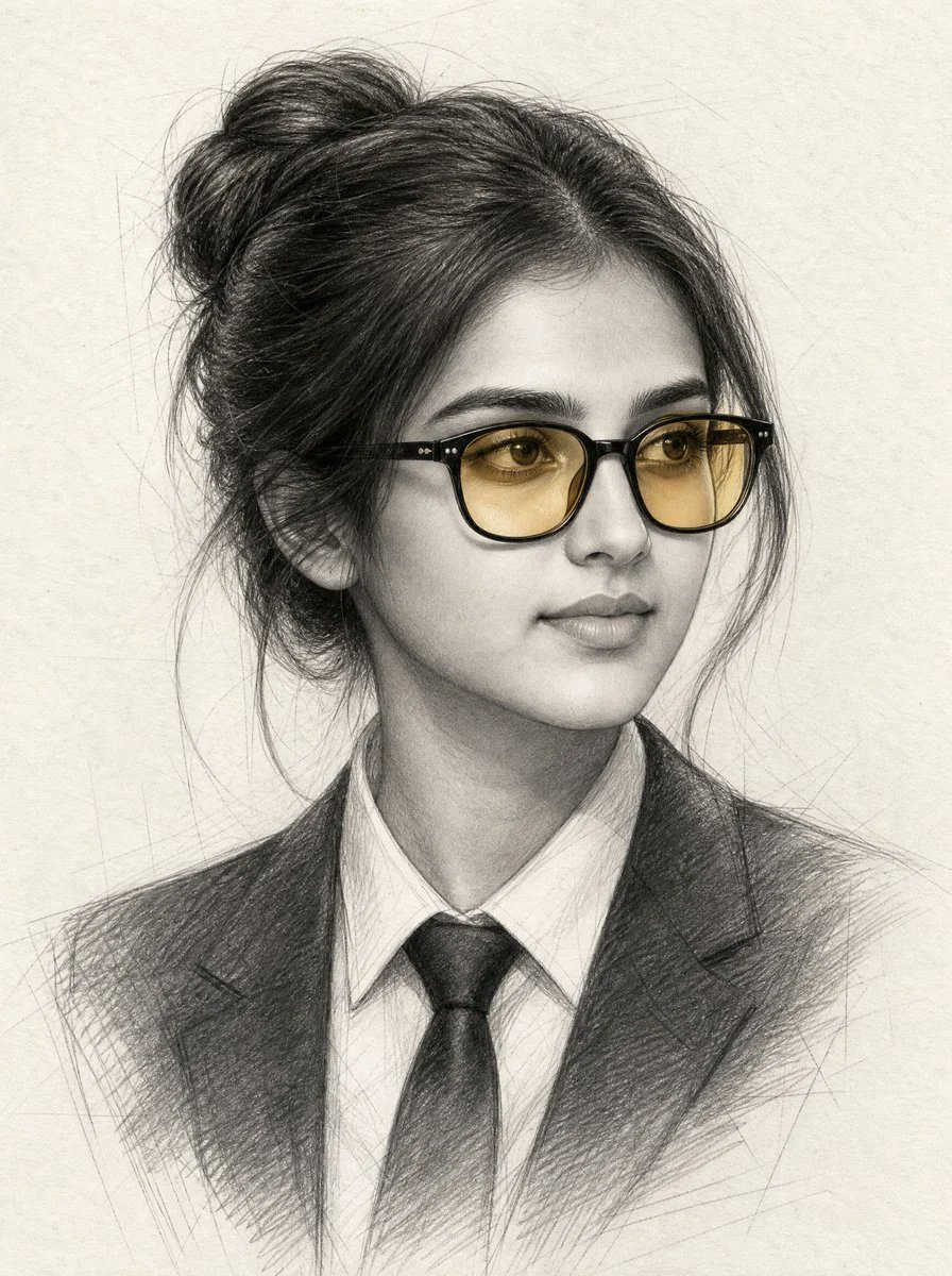 超写实石墨铅笔素描肖像,画中是一位美丽的南亚女性,肤色白皙,琥珀棕色的双眸藏于黑色醋酸纤维眼镜之后,镜片泛着温暖的琥珀色调,优雅随性的发髻,在…, 图片 1
