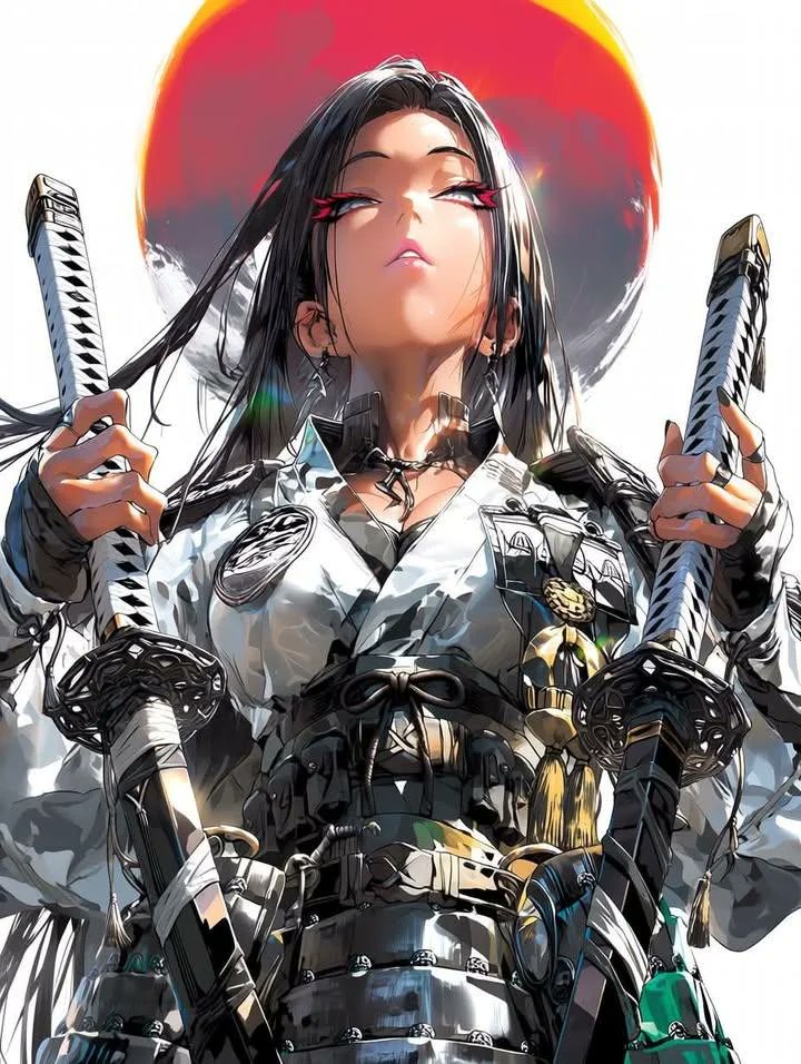 杰作、最佳画质、超精细动漫插画，凶猛的女武士战士，低角度英雄肖像，居中构图，锐利红色眼线勾勒的明亮有神眼睛，皮肤苍白，长白发或黑发，发丝飘逸且…, 图片 1