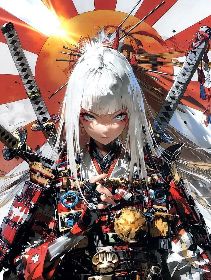 杰作、最佳画质、超精细动漫插画，凶猛的女武士战士，低角度英雄肖像，居中构图，锐利红色眼线勾勒的明亮有神眼睛，皮肤苍白，长白发或黑发，发丝飘逸且…, 图片 2