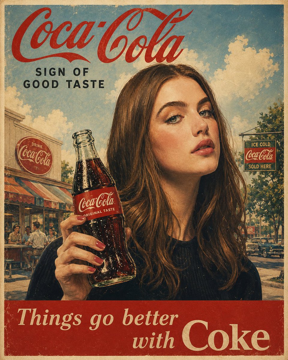 原汁原味的1960年代美国广告海报，[COCA COLA]，复古中世纪商业插画，[woman]手持一罐冰爽的玻璃瓶装[COCA COLA]，明…, 图片 1